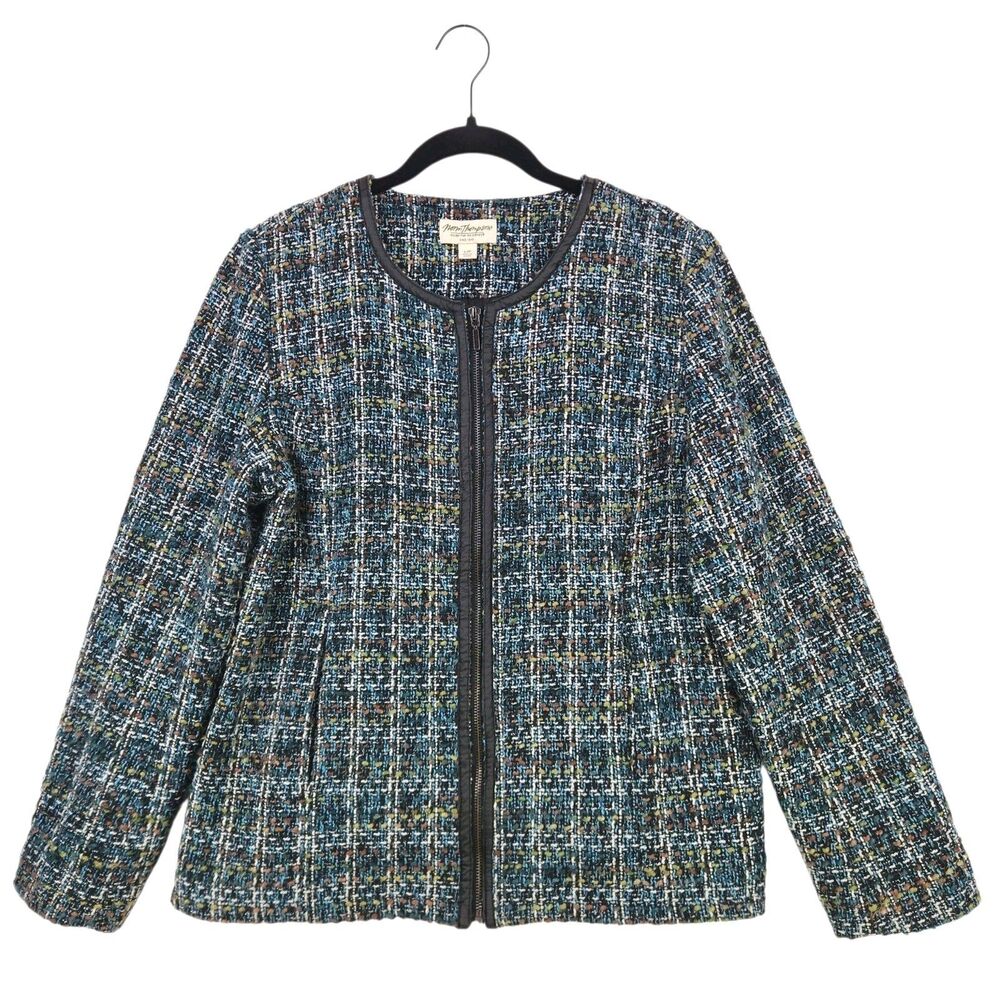 Norm Thompson Women's Zip Up Blazer Jacket L/P Black Plaid Multi Office Career